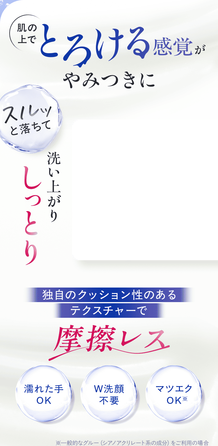 肌の上で とろける感覚がやみつきに スルッと落ちて洗い上がりしっとり 独自のクッション性のある テクスチャーで摩擦レス